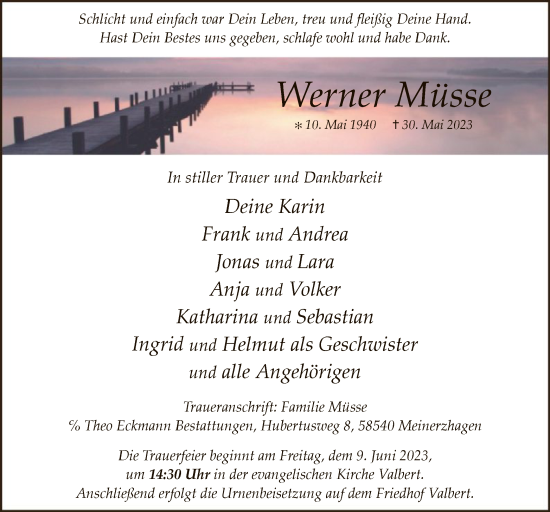 Todesanzeige von Werner Müsse von WA
