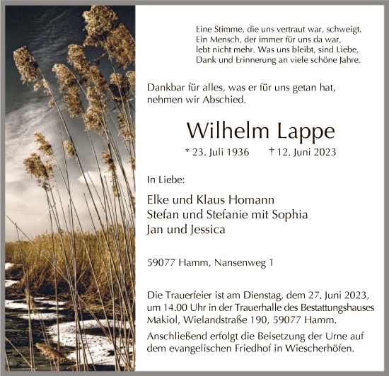 Todesanzeige von Wilhelm Lappe von WA