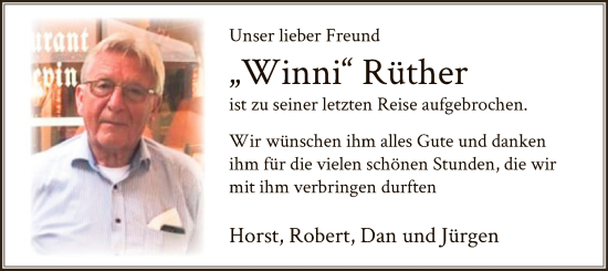 Todesanzeige von Winni Rüther von WA