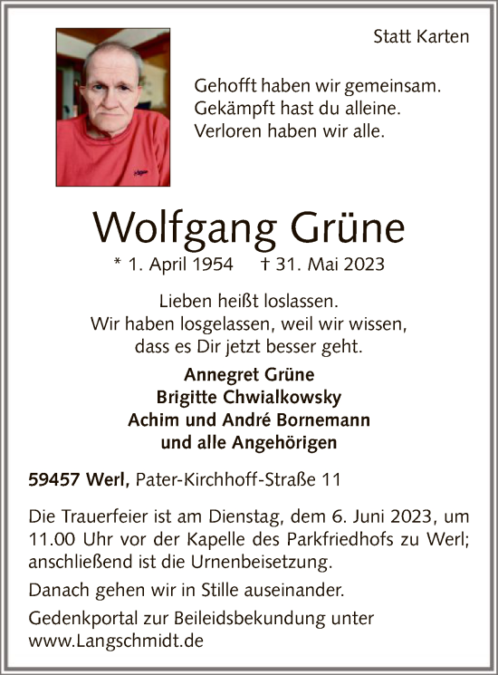 Todesanzeige von Wolfgang Grüne von WA