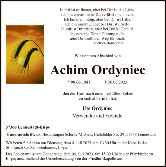 Todesanzeige von Achim Ordyniec von WA