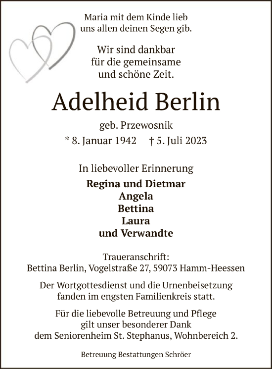 Todesanzeige von Adelheid Berlin von WA