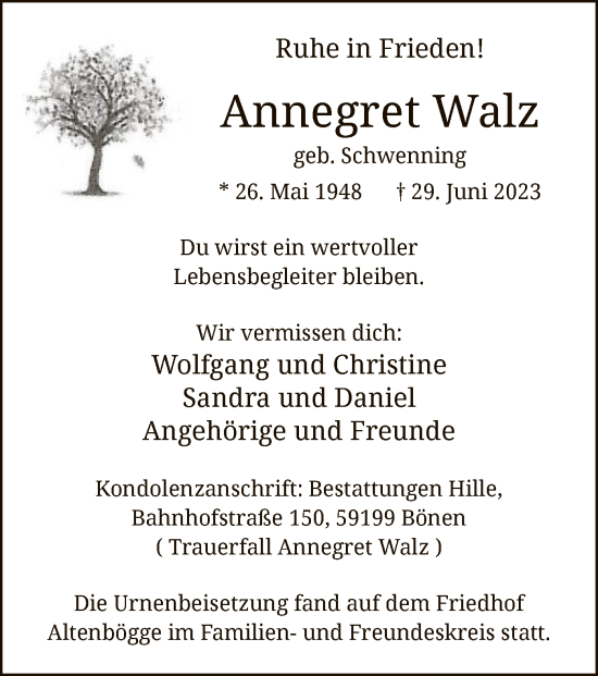 Todesanzeige von Annegret Walz von WA