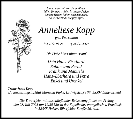 Todesanzeige von Anneliese Kopp von WA