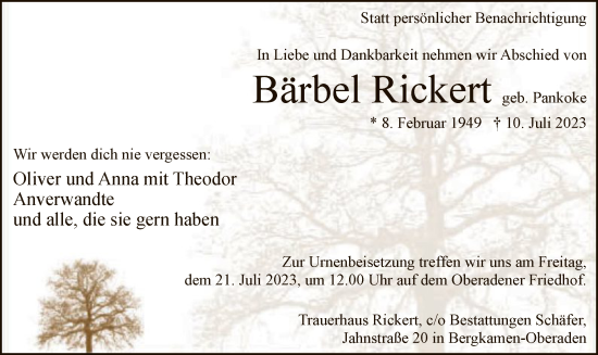 Todesanzeige von Bärbel Rickert von WA