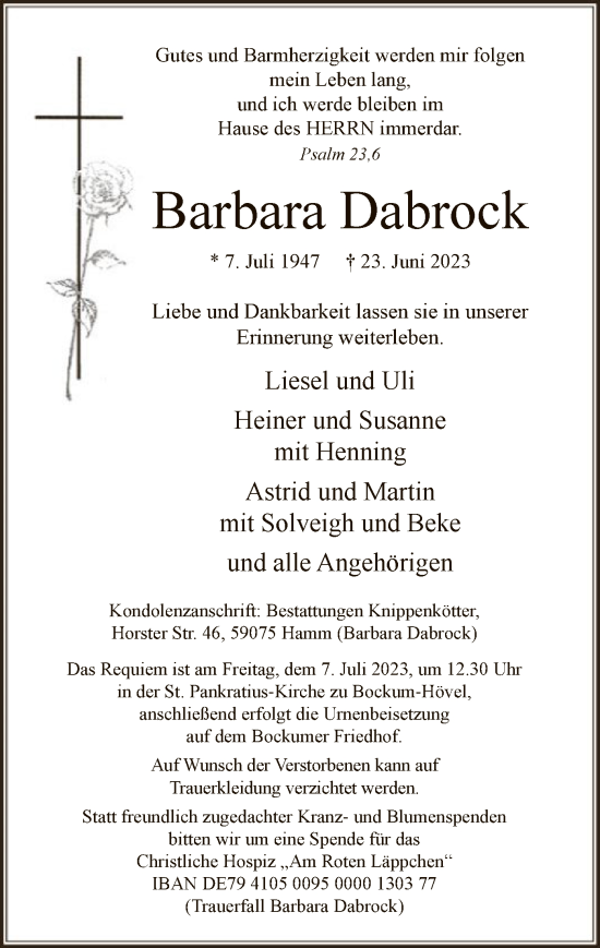 Todesanzeige von Barbara Dabrock von WA