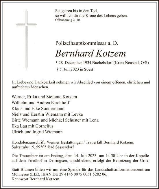 Todesanzeige von Bernhard Kotzem von WA