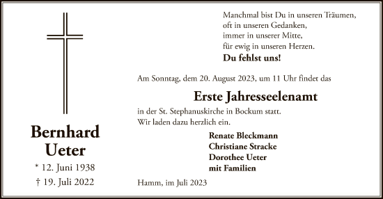 Todesanzeige von Bernhard Ueter von WA