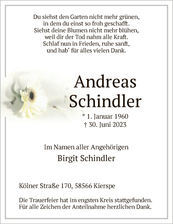 Todesanzeige von Birgit Schindler von WA