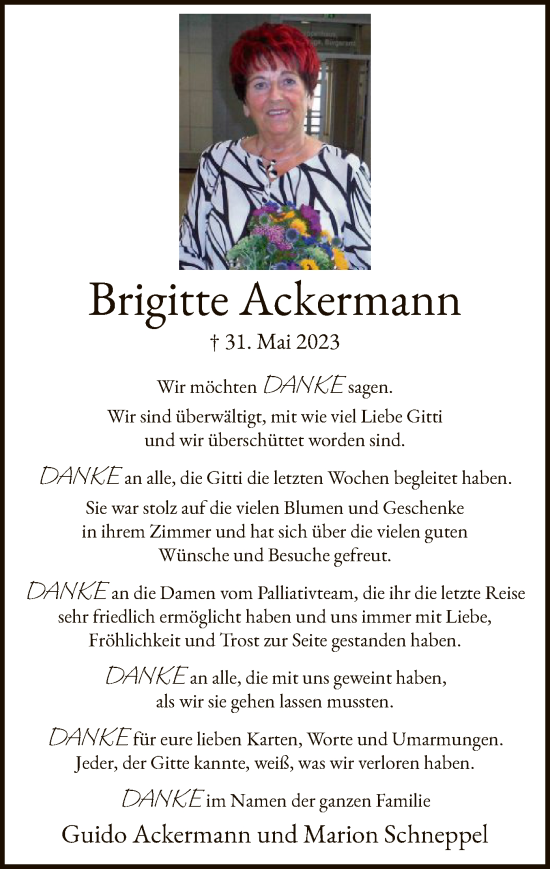 Todesanzeige von Brigitte Ackermann von WA