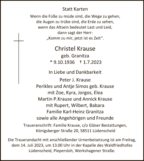 Todesanzeige von Christel Krause von WA
