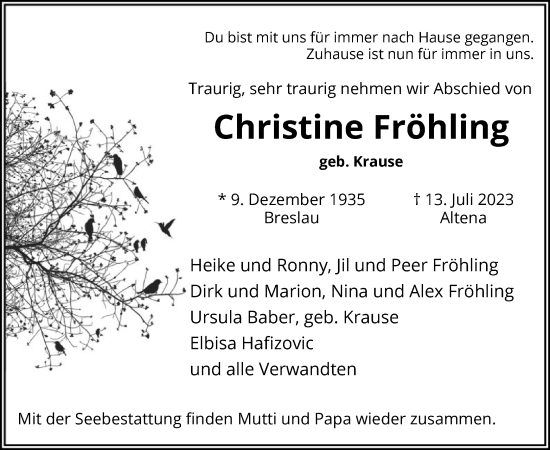 Todesanzeige von Christine Fröhling von WA