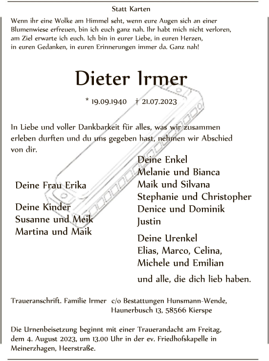 Todesanzeige von Dieter lrmer von WA