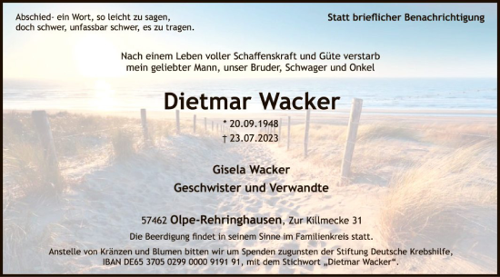 Todesanzeige von Dietmar Wacker von WA