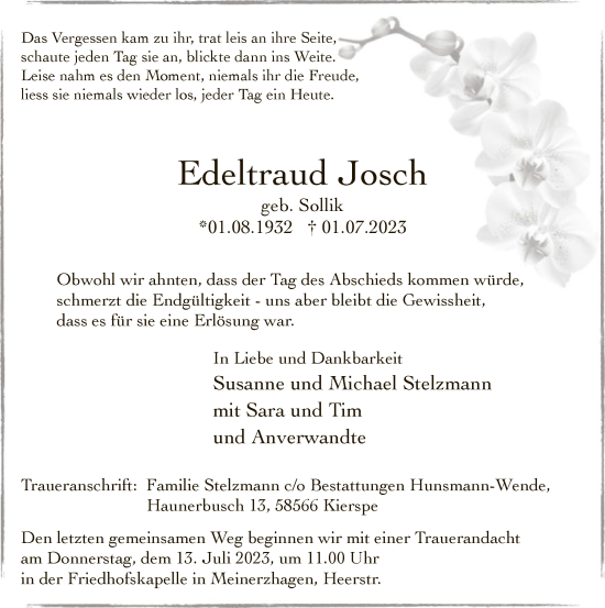 Todesanzeige von Edeltraud Josch von WA