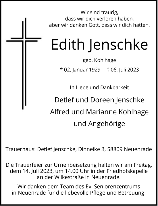 Todesanzeige von Edith Jenschke von WA