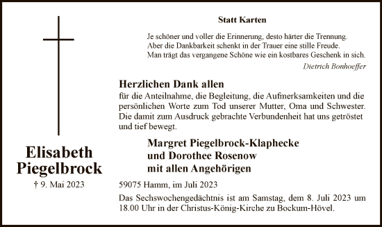 Todesanzeige von Elisabeth Piegelbrock von WA