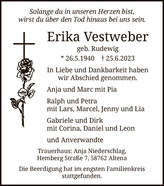 Todesanzeige von Erika Vestweber von WA