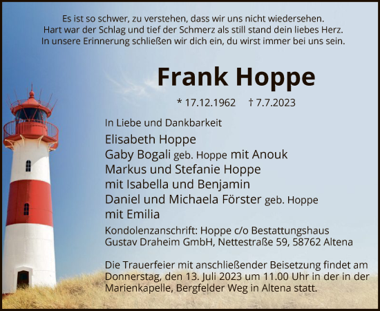 Todesanzeige von Frank Hoppe von WA