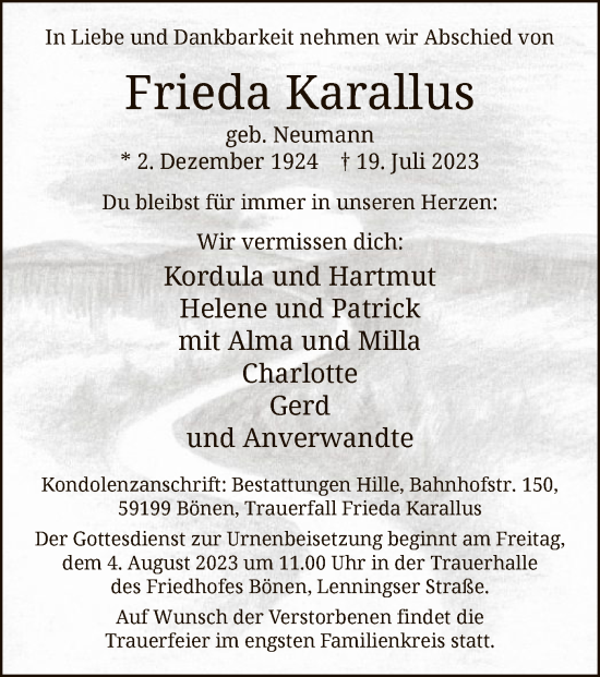 Todesanzeige von Frieda Karallus von WA