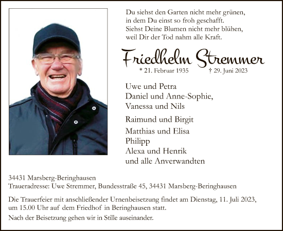 Todesanzeige von Friedhelm Stremmer von WA