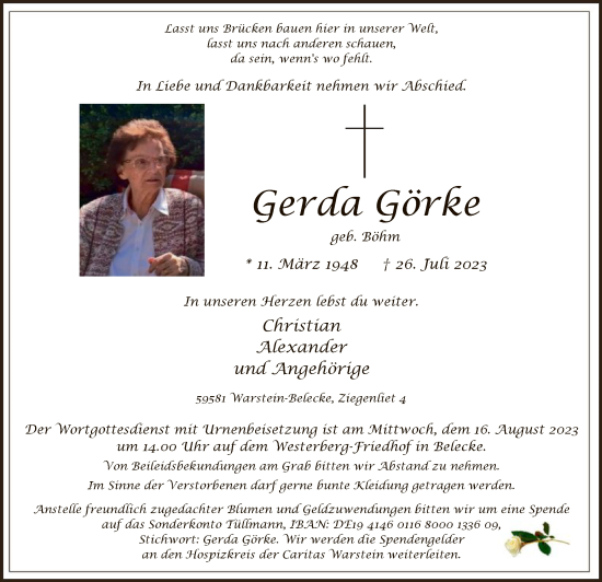 Todesanzeige von Gerda Görke von WA