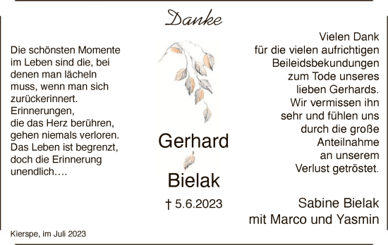 Todesanzeige von Gerhard Bielak von WA