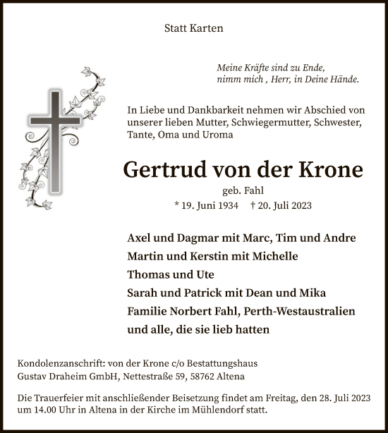 Todesanzeige von Gertrud von der Krone von WA