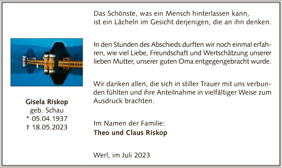 Todesanzeige von Gisela Riskop von WA