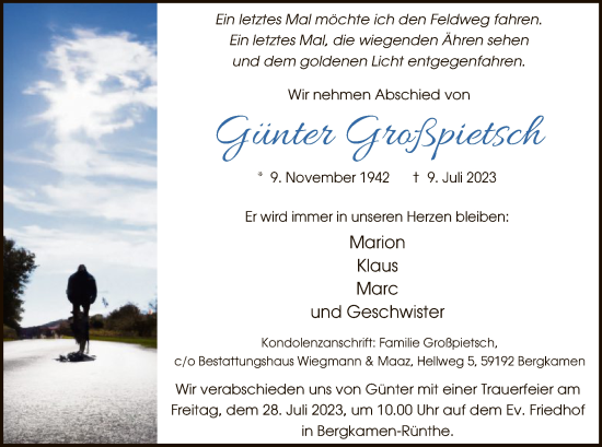 Todesanzeige von Günter Großpietsch von WA