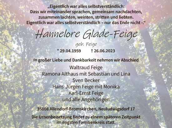 Todesanzeige von Hannelore Glade-Feige von WA