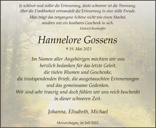 Todesanzeige von Hannelore Gossens von WA