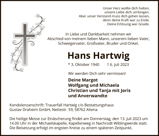 Todesanzeige von Hans Hartwig von WA