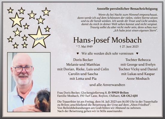 Todesanzeige von Hans-Josef Mosbach von WA