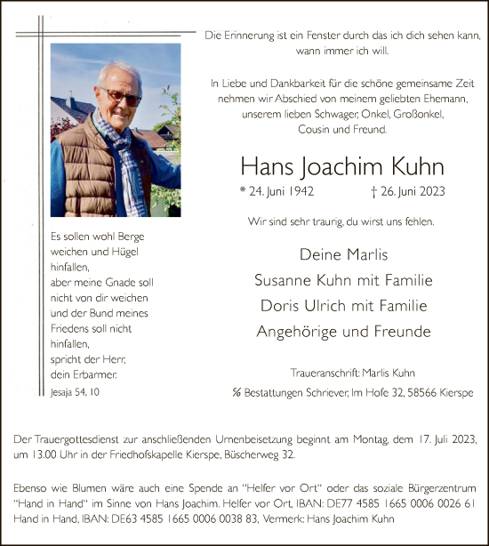 Todesanzeige von Hans Joachim Kuhn von WA