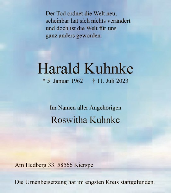 Todesanzeige von Harald Kuhnke von WA