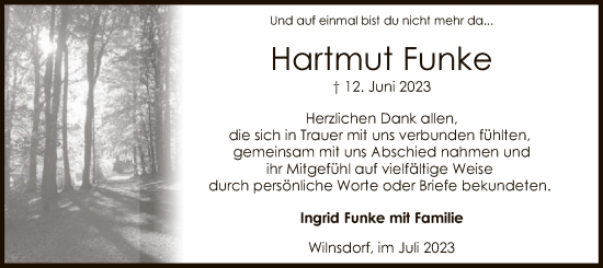 Todesanzeige von Hartmut Funke von WA