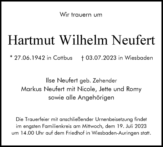 Todesanzeige von Hartmut Wilhelm Neufert von WA