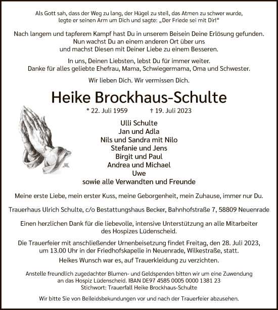 Todesanzeige von Heike Brockhaus-Schulte von WA