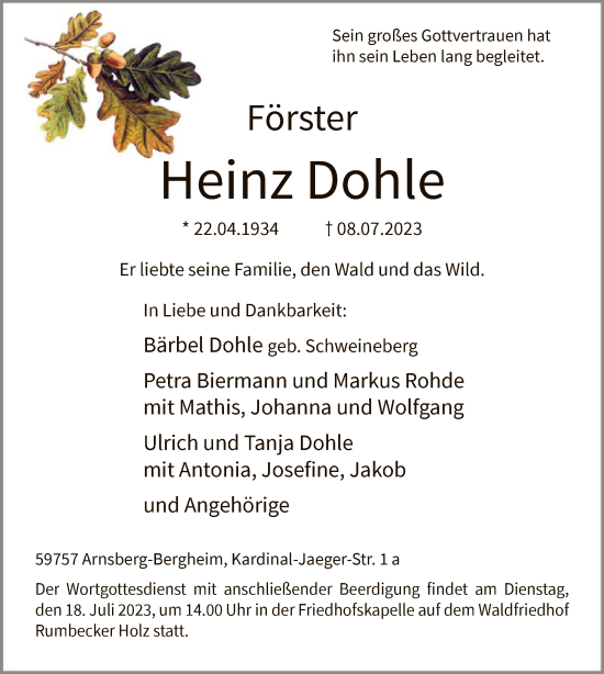 Todesanzeige von Heinz Dohle von WA