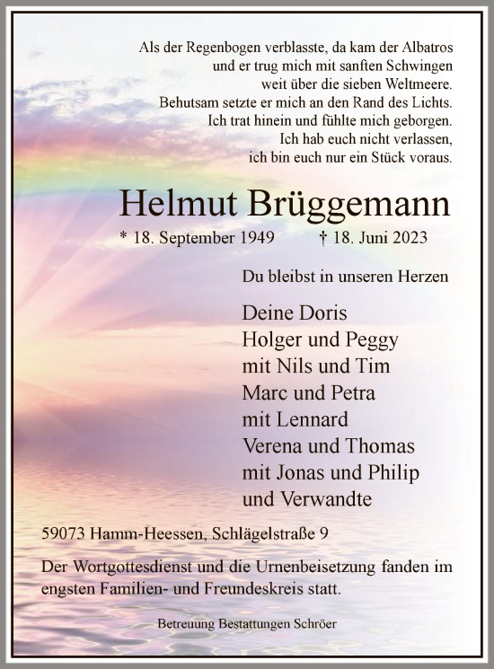 Todesanzeige von Helmut Brüggemann von WA