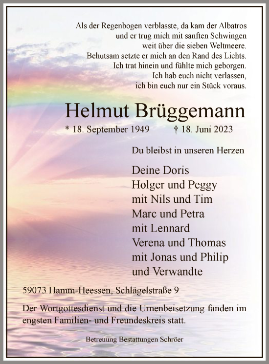 Todesanzeige von Helmut Brüggemann von WA