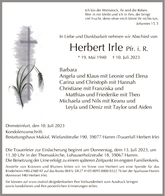 Todesanzeige von Herbert Irle von WA