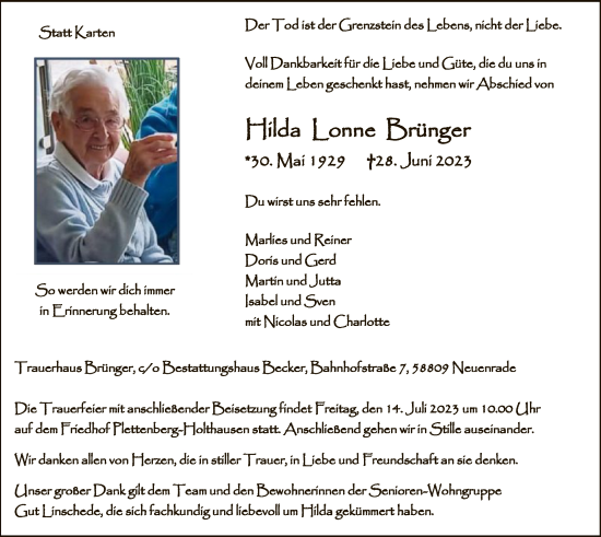 Todesanzeige von Hilda Lonne Brünger von WA
