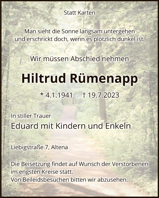 Todesanzeige von Hiltrud Rümenapp von WA