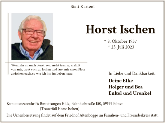 Todesanzeige von Horst Ischen von WA