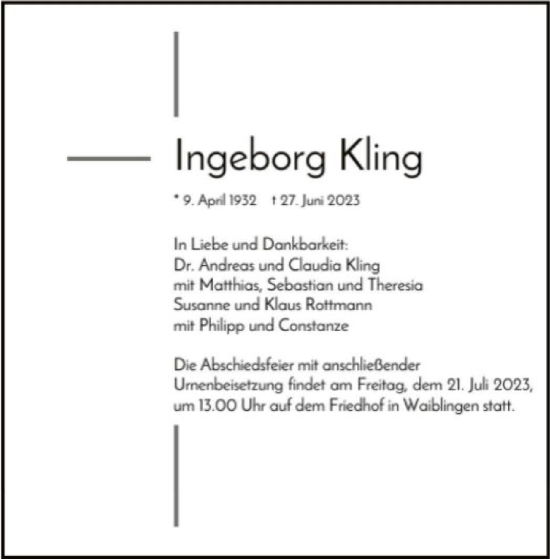 Todesanzeige von Ingeborg Kling von WA