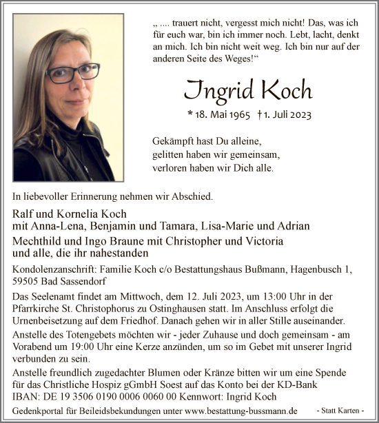 Todesanzeige von Ingrid Koch von WA