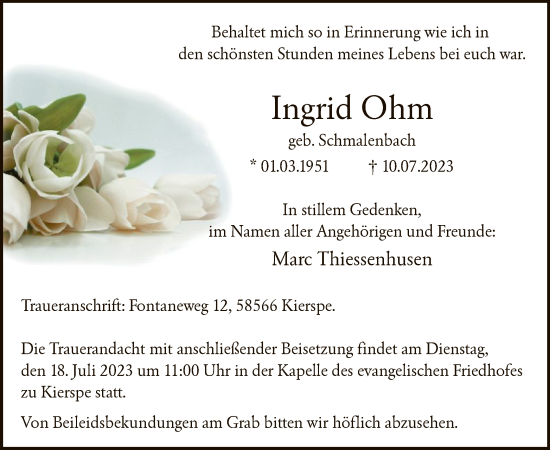 Todesanzeige von Ingrid Ohm von WA