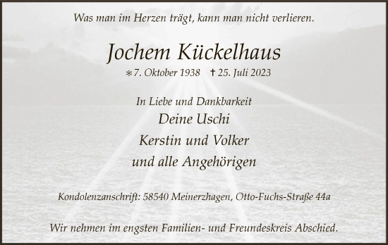 Todesanzeige von Jochem Kückelhaus von WA